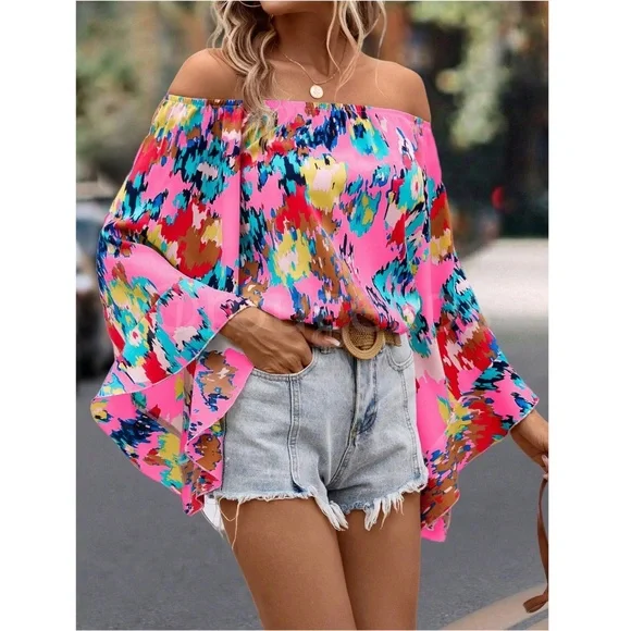 Pink Off Shoulder Abstract Print Flared Sleeve Shirt Top - Picture 5 of 8